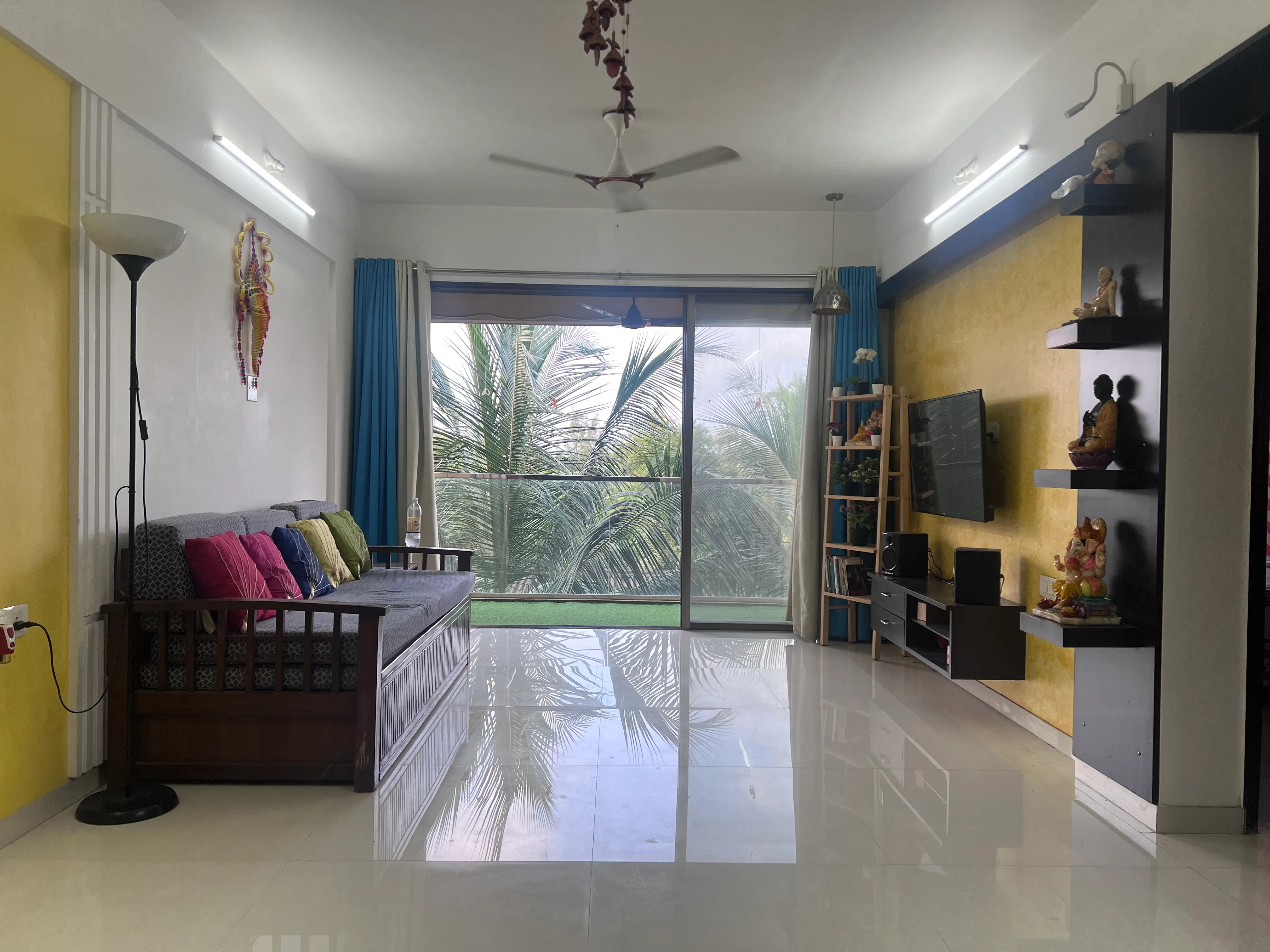 Living Room Balcony and TV Area — furnished 1BHK flat in Kihim, Alibaug